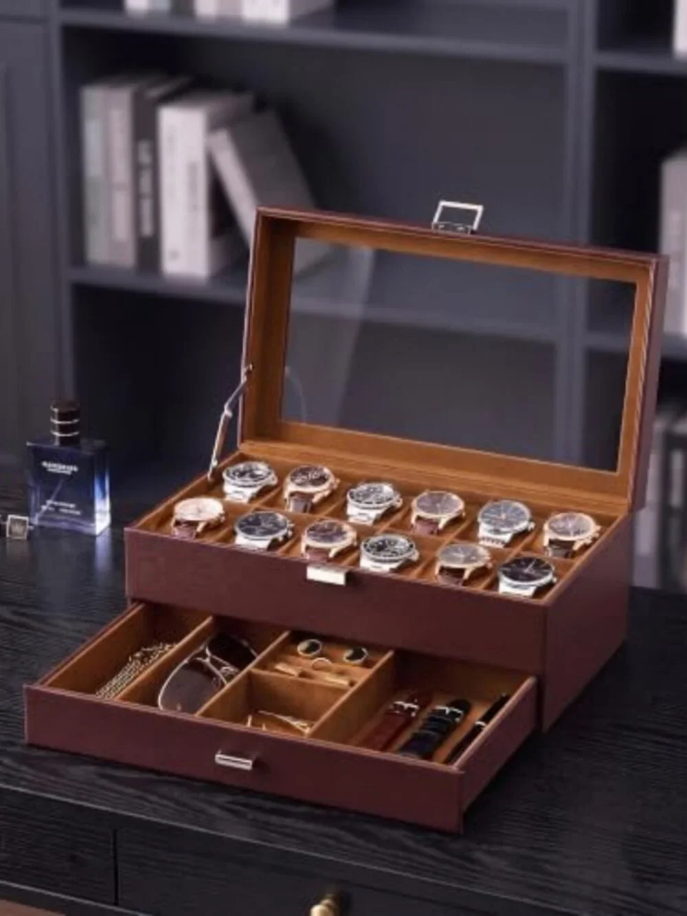 12-Slot Men's Watch Case & Jewelry Box with Drawer & Glass Lid - Organizer